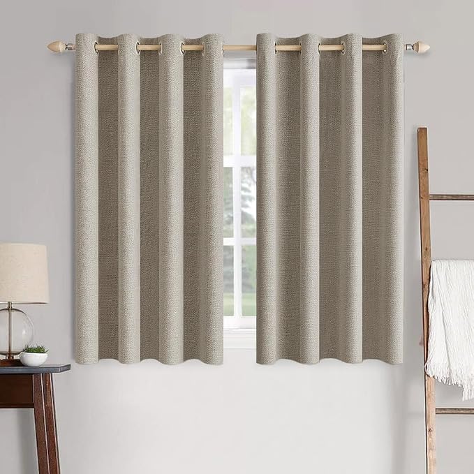MIULEE 100% Blackout Linen Curtains for Bedroom 52x45 Inches Pebble Taupe | Room Darkening, Light Blocking, Thermal Insulated, Grommet Top, Linen Textured, Window Curtains for Living Room, 2 Panels