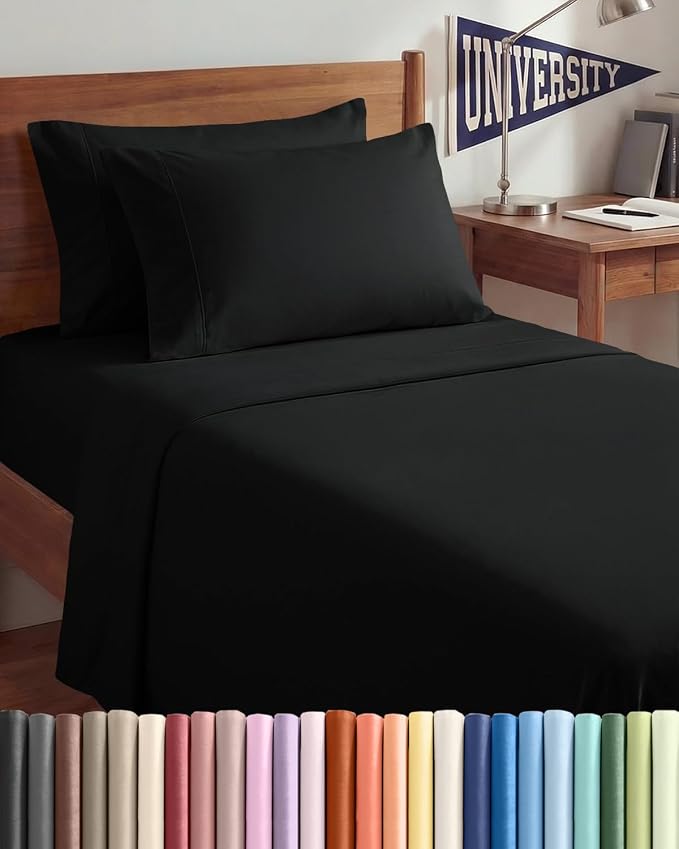 Twin XL 4 Piece Sheet Set - College Dorm Room Essentials - Black | Ultra Soft Dorm Bedding Set, 8" to 16" Inch Deep Pockets, 1 Flat & 1 Fitted Sheet & 2 Pillowcases, Wrinkle & Fade Free