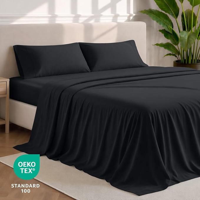 Bare Home Sheet Set - 1800 Ultra-Soft (Split Head Flex King, Black) | Deep Pockets 6 to 15 Inches, Breathable, Hypoallergenic, Hotel Luxury, Easy Fit, Soft, All-Season
