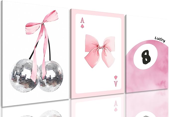 Framed Pink Canvas Wall Decor Set of 3, Pink Bow Wall Art Oil Painting, Girls Preppy Room Decor Picture, Trendy Disco Ball Print Poster for Teen Girl Apartment Bedroom Living Room Aesthetic 16x24 Inch