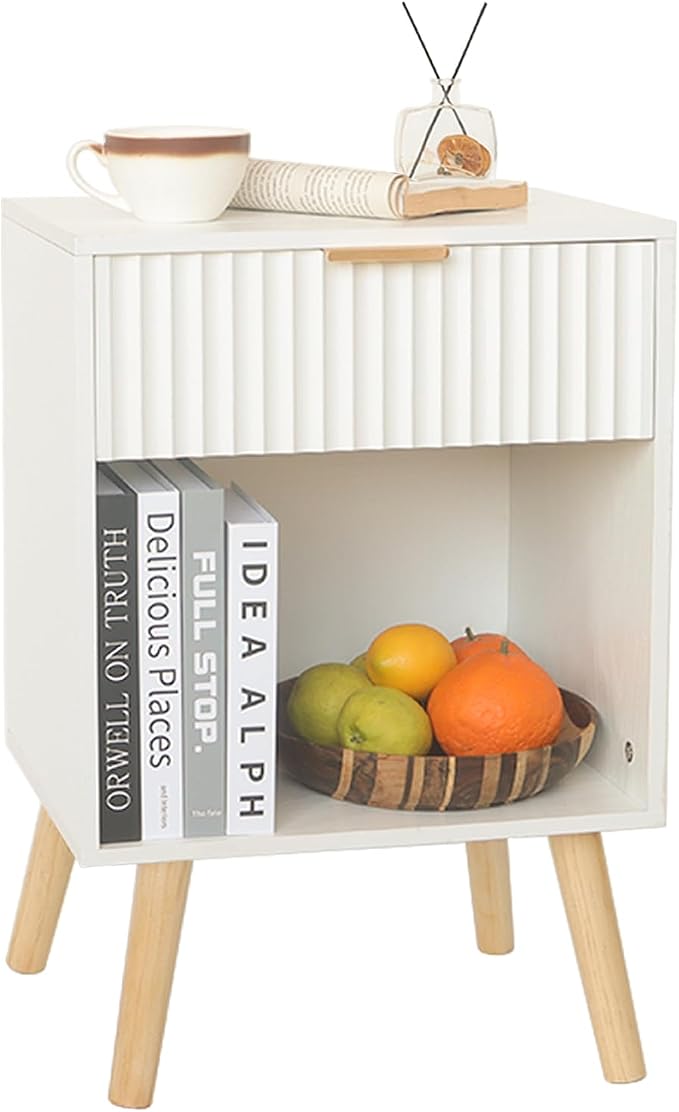 Fultyle White Nightstand, Modern Bedside Table with Drawer and Open Storage, Fluted End Side Table Living Room with Solid Wood Legs for Bedroom (White)
