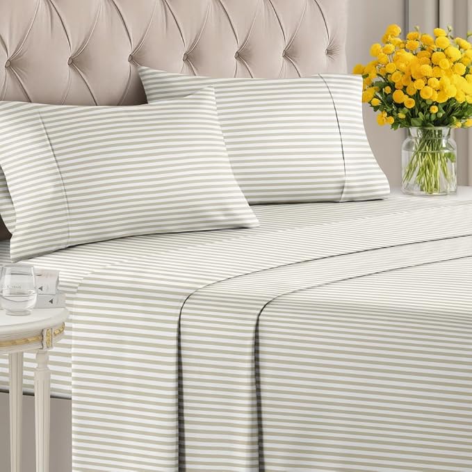 Cal King 4 Piece Striped Sheet Set - Breathable & Cooling - Metro Pinstripe | 1 Flat, 1 Fitted & 2 Pillowcases w/ Deep Pockets, Luxury Striped Bedding, Soft, Breathable & Cooling, Wrinkle & Fade Free