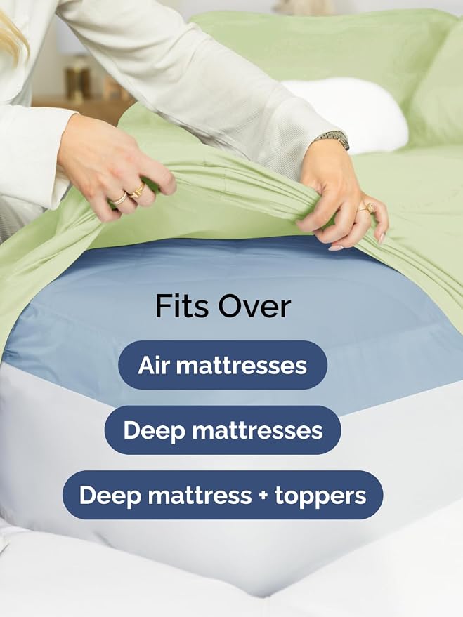 Extra Deep Queen Fitted Sheet - Single Fitted Sheet Only - Light Sage Green | Easily Fits 18 inch to 24 inch Mattress, Soft, Wrinkle Free, Breathable & Comfy, Extra Deep Pockets Hotel Luxury Fitted Sheet