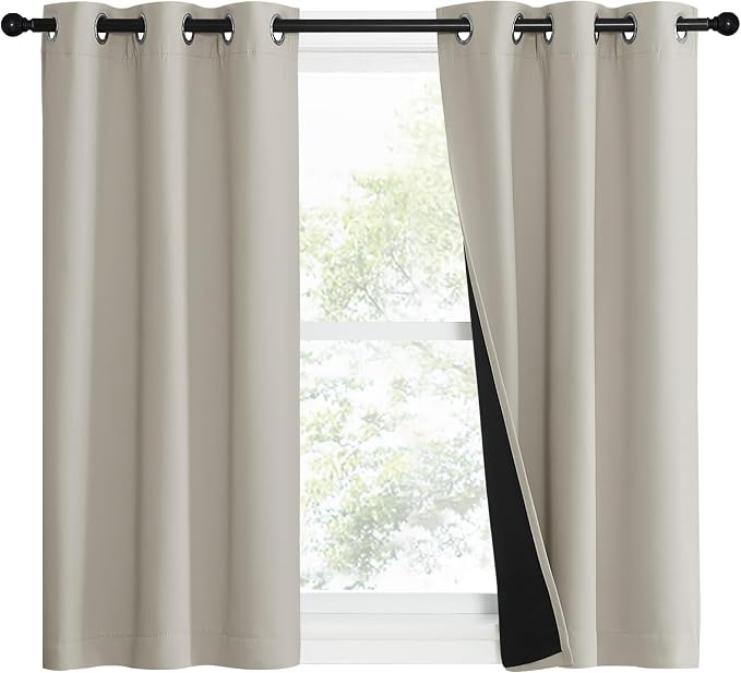 NICETOWN Natural Blackout Curtains for Kitchen 37" w x 50" L 2 Panels | 100% Room Darkening Lined 2 Thick Layers Narrow Wide Window Treatment Panels Thermal Insulated Drapes for Small Window Decor