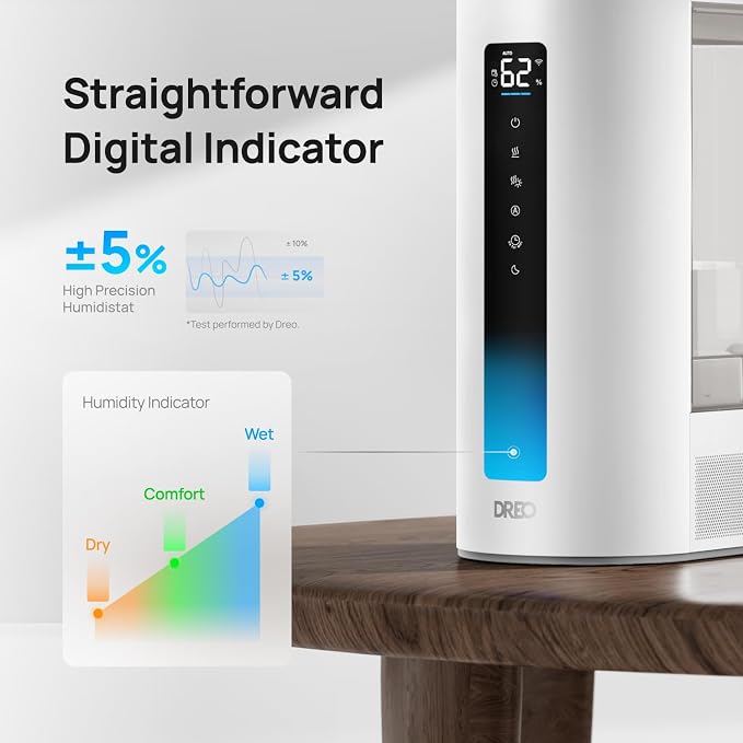 DREO 6L Smart Humidifiers for Bedroom, Warm & Cool Mist for Large Room | 60-Hour Quiet Runtime, 500ML/H Output, Smart Humidity Sensor, Indicator Light, App Control, Works with Alexa & Google, White