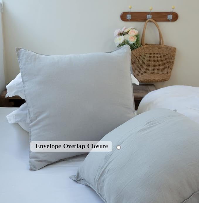 Simple&Opulence 100% Washed Linen Euro Shams 26'' x 26'' Pack of 2, Basic Style Solid Color Natural Flax Farmhouse Decorative Square Throw Pillow Covers for Bed Couch Sofa - Light Grey