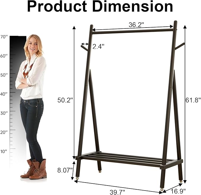 Muwuele Solid Wood Clothing Rack, Rolling Clothes Rack for Hanging Clothes, Garment Rack with Shelves Load 350 Lbs, Portable Closet Organizer on Wheels for Hanging Clothes (Black)