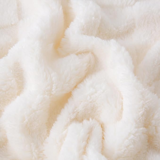 Creme White Fleece Throw Blanket 50”×60”Checkered Design for Couch | Super Soft Cozy Plush Microfiber 3D Square Pattern Flannel Blanket for Sofa Bed Lightweight for Adults,Women