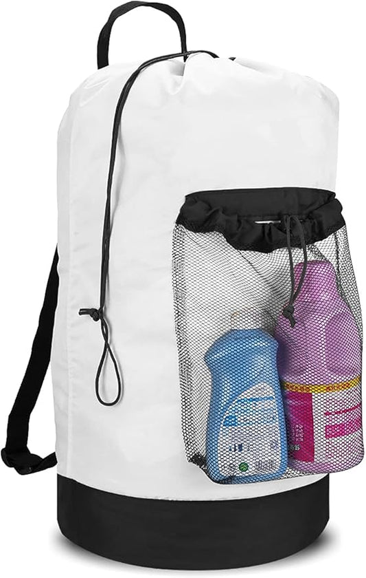 Backpack Laundry Bag, Laundry Backpack with Shoulder Straps and Mesh Pocket Durable Nylon Clothes Hamper Bag with Drawstring Closure for College, Travel, Laundromat, Apartment