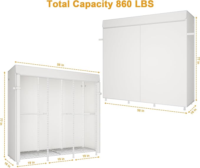 ULIFHOME E14C Heavy Duty Closet Organizer System，Freestanding Clothing Racks for Hanging Clothes，Adjustable Garment Rack 58" W × 16" D × 77" H Hold 860 lbs，White Rack with White Cover