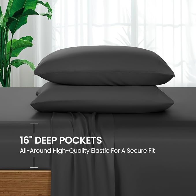 SONORO KATE 100% Viscose Derived from Bamboo_Sheets King Size,4PC | Cooling Bed Sheets for Hot Sleepers,Soft Breathable & Silky,16" Deep Pocket,Luxury Hotel Bedding,Black