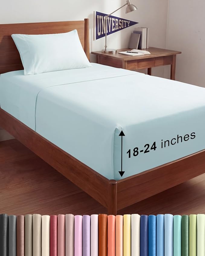Extra Deep Twin XL Sheet Set - 3 Piece College Dorm Room - Ice Blue | Soft, Breathable & Cooling, Easily Fits 18 to 24 inch Mattress, Wrinkle Free & Fade Resistant with Extra Deep Pockets