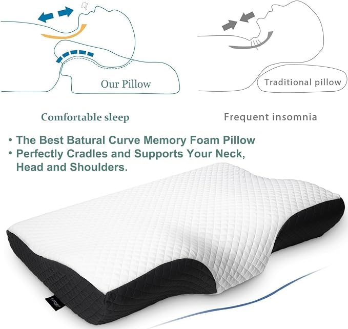 EPABO Contour Memory Foam Pillow Orthopedic Sleeping Pillows, Ergonomic Cervical Pillow for Neck Pain - for Side Sleepers, Back and Stomach Sleepers, Free Pillowcase Included (Firm & Queen)