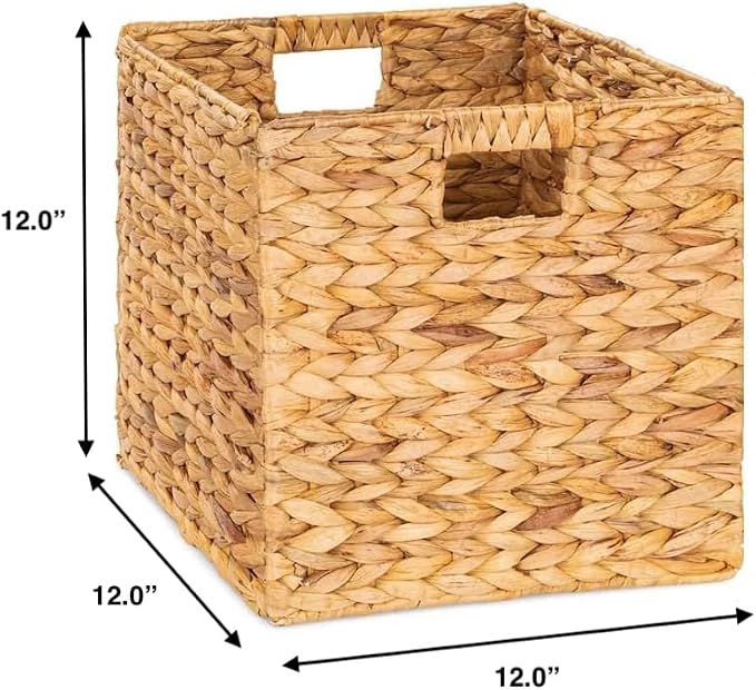 M4DECOR 12 x 12in Water Hyacinth Storage Baskets, Wicker Storage Baskets for Shelves, Woven Baskets for Storage, Wicker Storage Basket for Bedroom, Living Room, Nursery Room (Natural 6 Packs 12x12in)