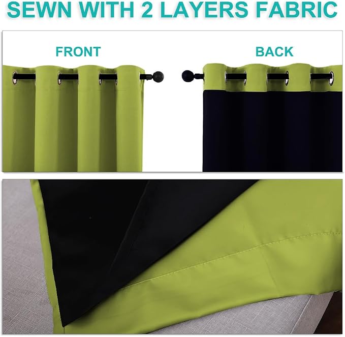 NICETOWN 100% Blackout Window Curtain Panels, Fresh Green, 2 Pieces, 52-inch Wide Per Panel, Full Light Blocking Drapes with Black Liner for Nursery, 72-inch Drop Thermal Insulated Draperies