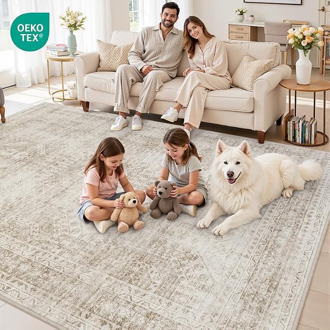 Area Rugs 9x12 Living Room: Bedroom Neutral Washable Carpet Brown | Vintage Boho Soft Small Indoor Decor Floor Non-Slip Low Pile Neutral Farmhouse Entryway Laundry Bathroom Bedroom Beside Rugs
