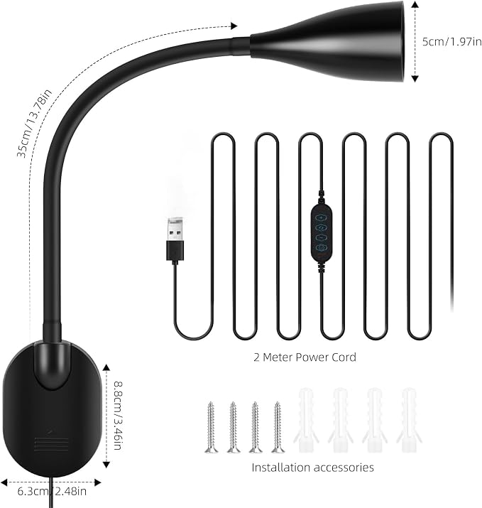 LiFMIRA Wall-Mounted LED Bedside Reading Light USB Charging Port Black | 10-Level Dimmable & Adjustable 5 Color, Plug-in Adhesive Night Lamp for Books in Bed, Eye-Caring Bedroom Lighting