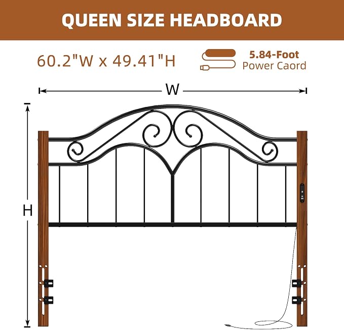 Headboard for Queen Size Bed Frame with Charging Station USB & Type C Ports | Vintage Platform Bed Headboard Only,Adjustable,Iron Legs,Easy Assembly,Black