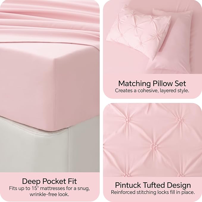 BEDELITE King Comforter Set Baby Pink,Lightweight & Soft Comforter | 7 Pc Boho Bed in a Bag,Warm & Cute Bed Set for All Season,Includes Comforter,Flat & Fitted Sheets,2 Pillowcases & 2 Shams