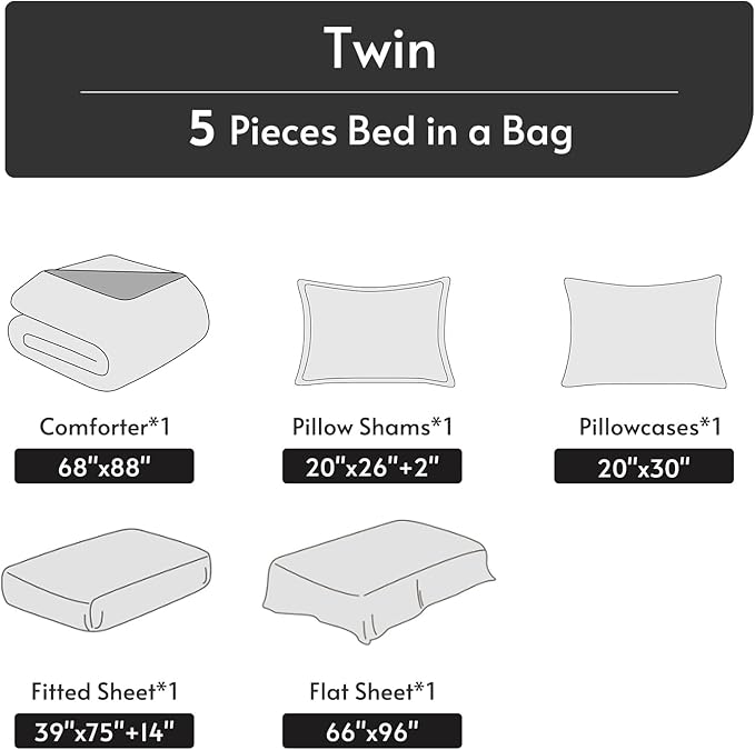 5 Pieces Twin Comforter Set, Reversible Bed in a Bag Twin Size, All Season Bedding Set with Comforter, Flat Sheet, Fitted Sheet, Pillowcases & Shams, Brown & Khaki