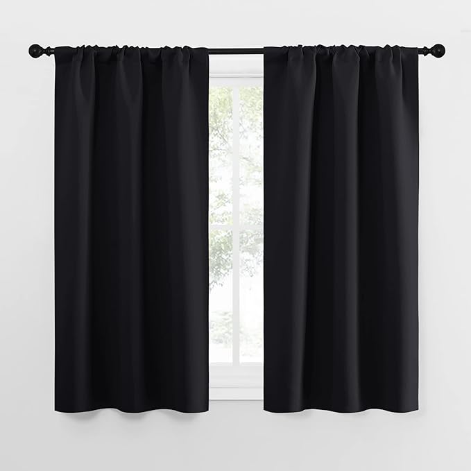 NICETOWN Black Blackout Curtains for Kitchen 29" Wide x 50" Long 2 Panels | Energy Smart Decoration Thermal Insulating Drapes Draperies for Bedroom Small Window, Light Blocking Room Darkening Decor
