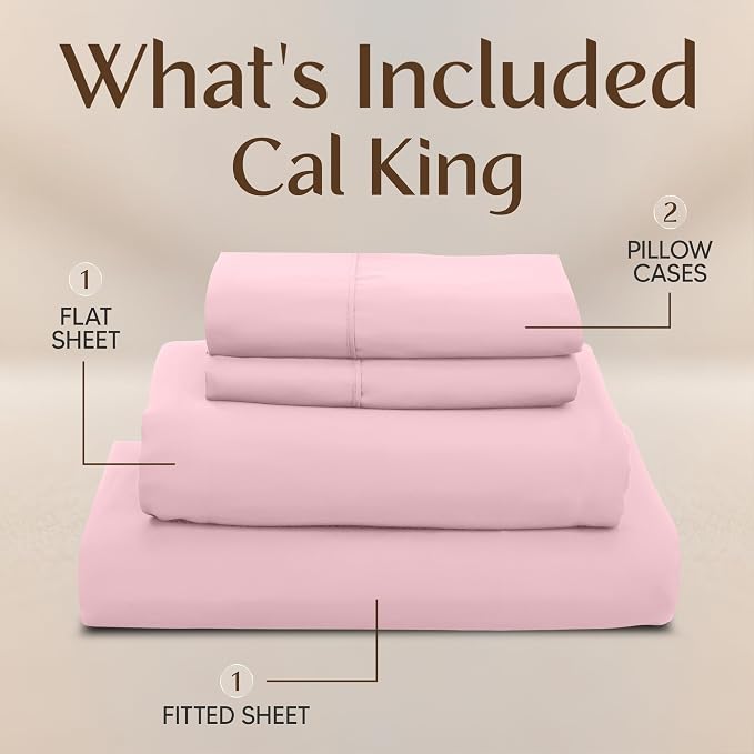 Cal King Sheets Set, 4 Pieces 16" Deep Pocket Bed Sheets, Crystal Pink | Extra Soft Bedsheet Set, Comfy & Breathable Cooling Sheets, Wrinkle & Fade Resistant, Fitted Sheet, Flat Sheet, 2 Pillowcases