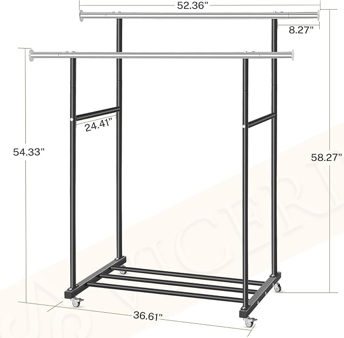 VICERII Clothes Rack, Double Clothing Rack with Wheels and Extra Wide Bottom Shelf, 52.36’’ Heavy Duty Garment Racks for Hanging Clothes, Coats, Shirts, Skirts, Dresses, 130LB Capacity, Black