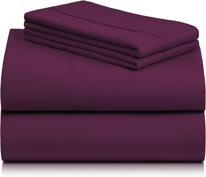 LuxClub 4 PC Queen Sheet Set, Deep Pockets Wrinkle Free Cooling Bed Sheets Hotel Bedding for Women, Men, Includes 1 Fitted Sheet, 1 Flat Sheet and 2 Pillowcases-Soft Eggplant