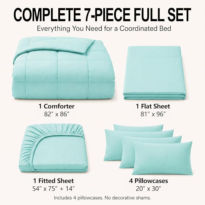 Full Size Comforter Sets Spa Blue - 7 Pieces Bed in a Bag | OEKO-TEX Certified, All-Season, Bedroom, Guest Room, Down-Alternative Comforter + Flat & Fitted Sheets + 4 Pillowcases