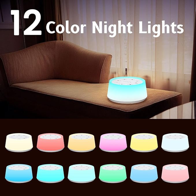 ColorsNoise White Noise Machine with 30 Sleep Music 5 Timers 12 Colors Baby Night Light with Memory Function Sound Machine for Sleep Nursery Home Travel(T-White)