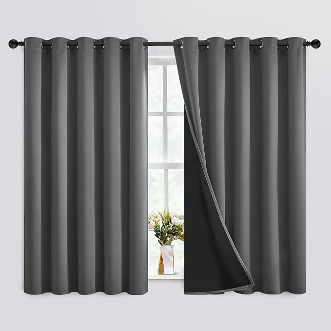 SimpleHome Grey 100% Blackout Curtains Room Darkening Living Room 63 Inch | Curtains for Bedroom,Thermal Insulated Grommet Window Drapes,Curtains for Living Room with Black Back,62 x 63 Inch,2 Panels