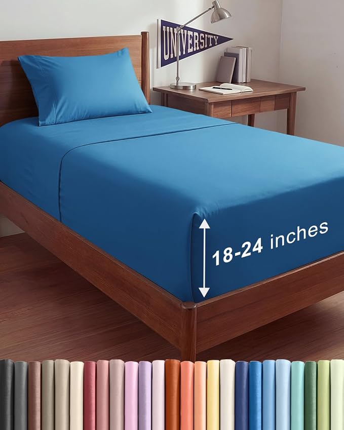 Extra Deep Twin XL Sheet Set - 3 Piece College Dorm Room - Denim Blue | Soft, Breathable & Cooling, Easily Fits 18 to 24 inch Mattress, Wrinkle Free & Fade Resistant with Extra Deep Pockets