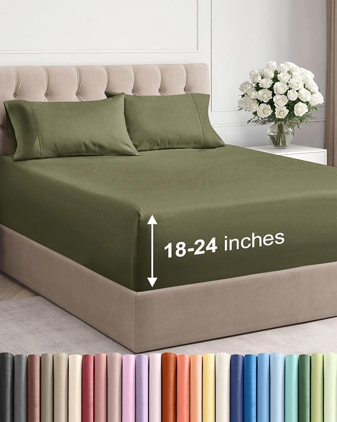 Extra Deep Queen Sheet Set - 4 Piece Breathable Cooling Sheets - Sage Green | Easily Fits 18 to 24 inch Mattress - Ultra Soft, Wrinkle & Fade Free with Extra Deep Pockets - Comfy Hotel Luxury Bedding