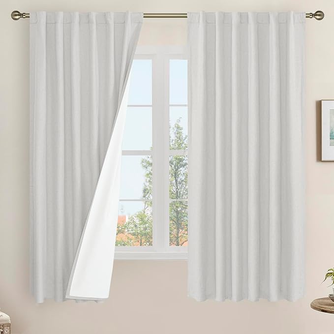 Light Grey 100% Blackout Linen Bedroom Curtains 63 Inches 2 Panels | Linen Textured, Thermal Farmhouse Curtains, Privacy, Rod Pocket Back Tab, Burlap Panels, with White Liner, 52 x 63 Inch