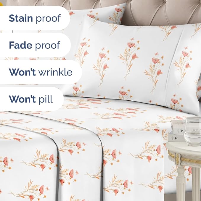 King 4 Piece Floral Sheet Set - Soft, Breathable & Cooling - Wildflower | 1 Flat, 1 Fitted & 2 Pillowcases w/ Deep Pockets, Boho Botanical Floral Bedding, Breathable & Cooling, Wrinkle & Fade Free