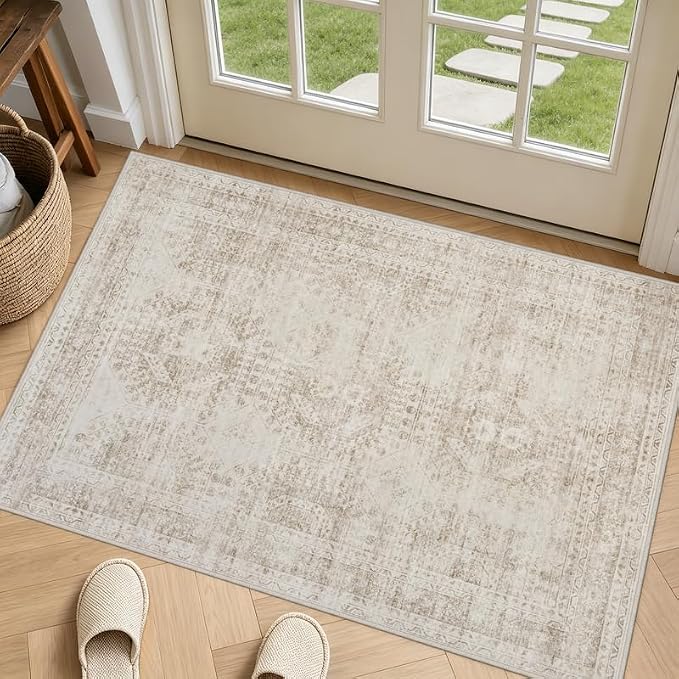 Washable Area Rugs 2x3: Neutral Living Room Bedroom Carpet Brown | Vintage Boho Soft Small Indoor Decor Floor Non-Slip Low Pile Neutral Farmhouse Entryway Laundry Bathroom Bedroom Beside Rugs