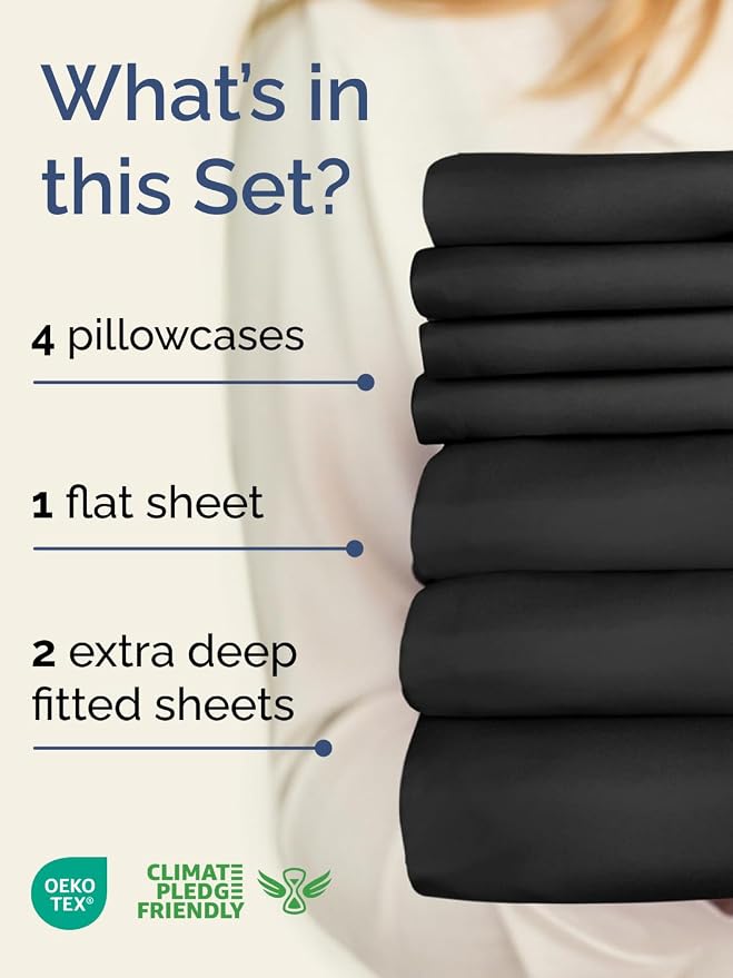 Extra Deep Split King Sheet Set - 7 Piece Breathable Cooling Sheets - Black | Hotel Luxury Bed Sheets Set, Easy & Secure Fit, Ultra-Soft, Wrinkle & Fade Free, Comfy Sheets Set with Extra Deep Pockets