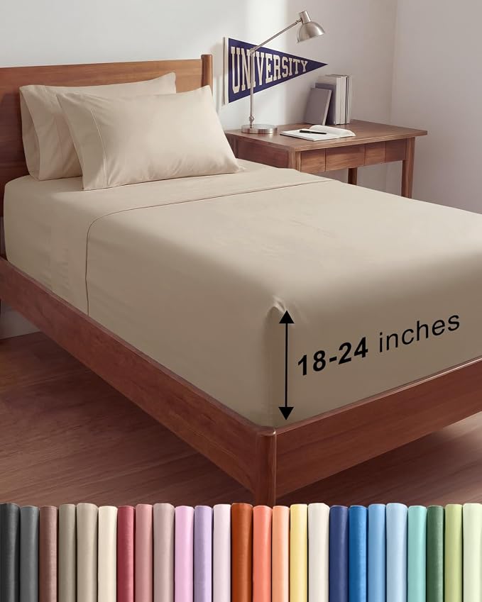 Extra Deep Twin XL Sheet Set - 4 Piece College Dorm Room - Cream | College Dorm Room Essentials, Easy & Secure Fit, Ultra-Soft, Wrinkle & Fade Free, Comfy Sheets Set with Extra Deep Pockets
