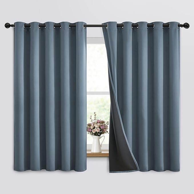 SimpleHome Stone Blue 100% Blackout Curtains Room Darkening Living Room 63L | Curtains for Bedroom,Thermal Insulated Grommet Window Drapes,Curtains for Living Room with Black Back,62 x 63 Inch,2 Panels