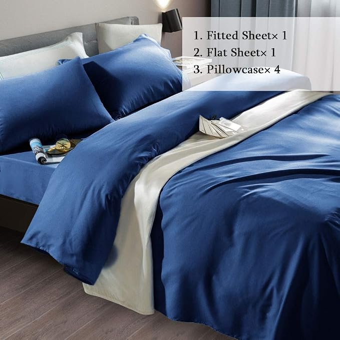 SONORO KATE Bed Sheet Set Super Soft Microfiber 1800 Series Luxury Egyptian Sheets Fit 18-24 Inch Deep Pocket Mattress Wrinkle-6 Piece (Navy Blue, King)