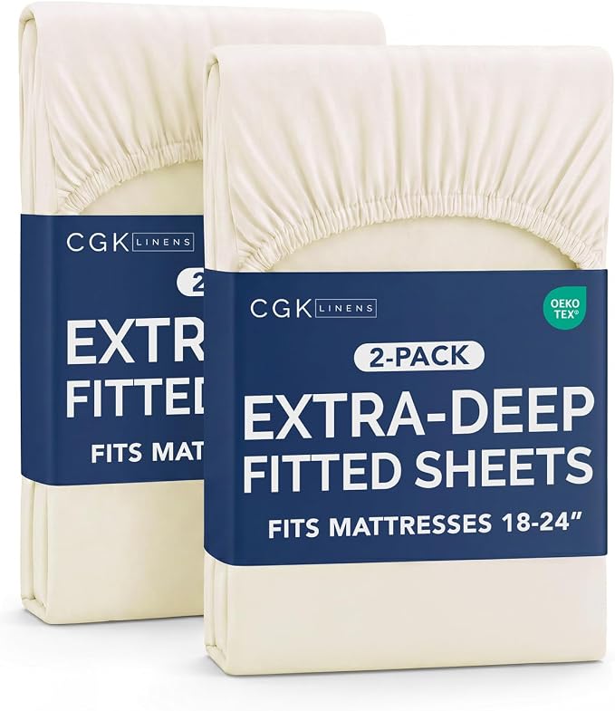 2 Pack Extra Deep Twin Fitted Sheets with Extra Deep Pockets - Off White | Hotel Luxury Bottom Fitted Sheets Only, Soft, Fade & Wrinkle Free, Breathable & Comfy, All Around Elastic Fitted Sheets