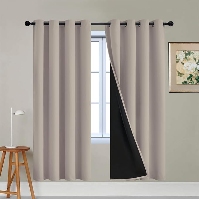 Yakamok Natural Blackout Curtains 72 Inches Long for Bedroom 52" Wide 2 PCS | Blackout Curtain Panels for Bedroom, 2 Thick Layers Grommet Top Thermal Insulated Drapes with Black Liner for Living Room