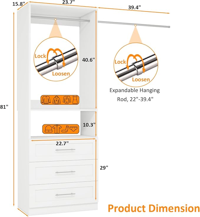Closet System with 3 Drawers and Hanging Rods, Modular Closet Organizer System with Adjustable & Fixed Rods, DIY Walk in Closet Tower, Closet Organization Systems, White