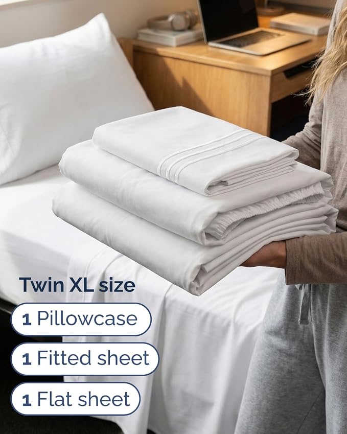 Twin XL 3 Piece Sheet Set - College Dorm Room Essentials - White | Deep Pocket Bed Sheets for Women, Men, Teens & Students, Soft, Cooling, Breathable & Wrinkle Free, Oeko-Tex Bed Sheet Set
