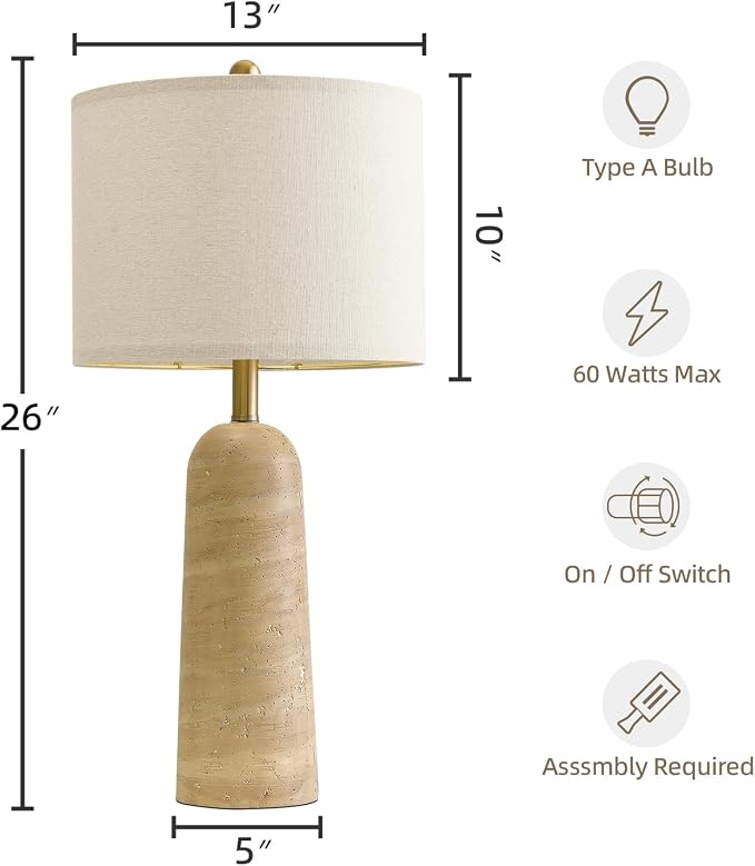 BOBOMOMO Modern Table Lamp Set of 2, Warm Beige Resin Lamp with Natural Stone Look, 27.25" Lamps for Living Room with Linen Shades, Bedside Lamp for Bedroom, Living Room, Nightstand, Entryway