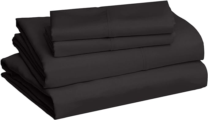 Amazon Basics Lightweight Super Soft, Breathable, Wrinkle Resistant, Machine Washable Microfiber 4 Piece Bed Sheet Set with 14-Inch Deep Pockets, King, Black, Solid