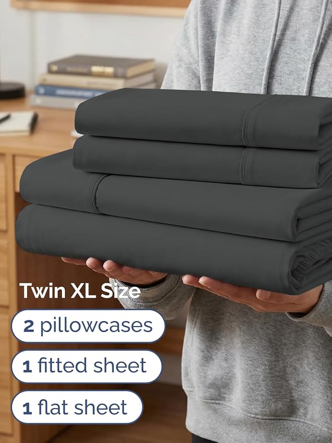 Extra Deep Twin XL Sheet Set - 4 Piece College Dorm Room - Charcoal | College Dorm Room Essentials, Easy & Secure Fit, Ultra-Soft, Wrinkle & Fade Free, Comfy Sheets Set with Extra Deep Pockets