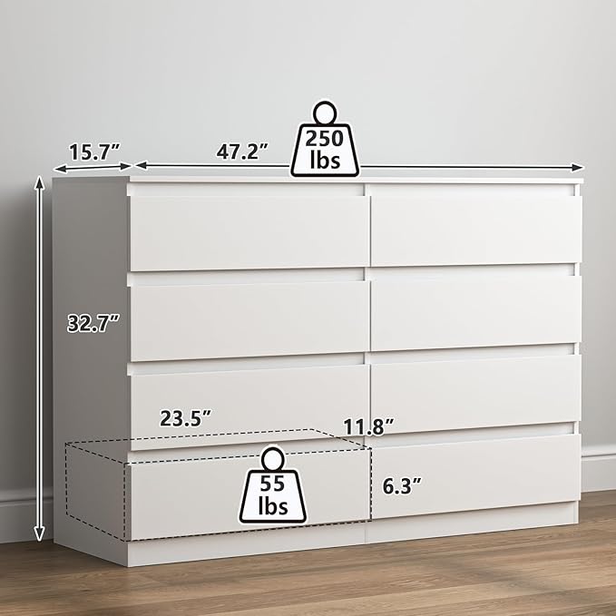 Vibe & Dine 8 Drawer Double Dresser, Modern Chest of Drawers with Wide Storage for Closet, Bedroom, Living Room, White
