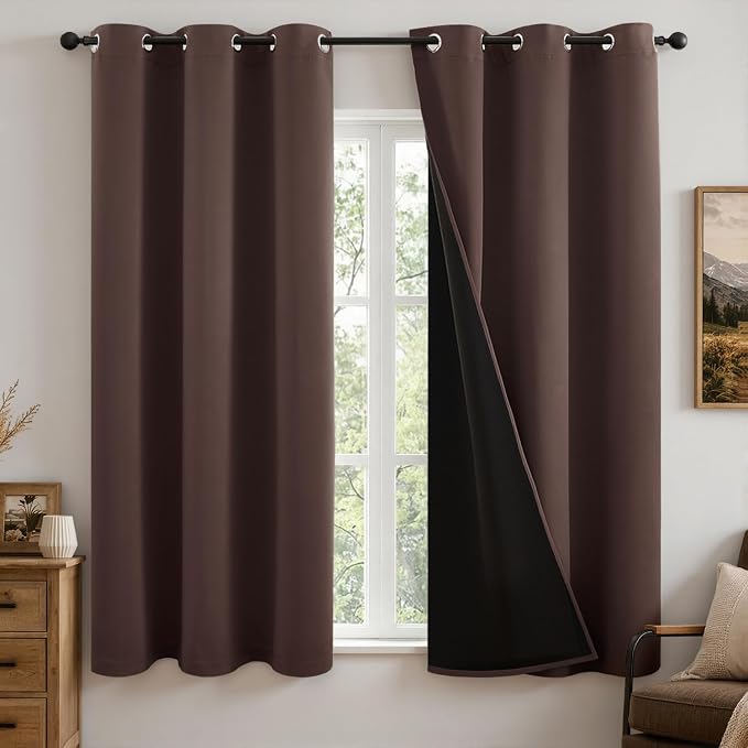 MIULEE Dark Brown 100% Blackout Curtains for Bedroom 40x63 Inch | 2 Thick Layers Thermal Insulated Window Curtains with Black Liner, Noise Reducing Grommet, Drapes for Living Room, 2 Panels