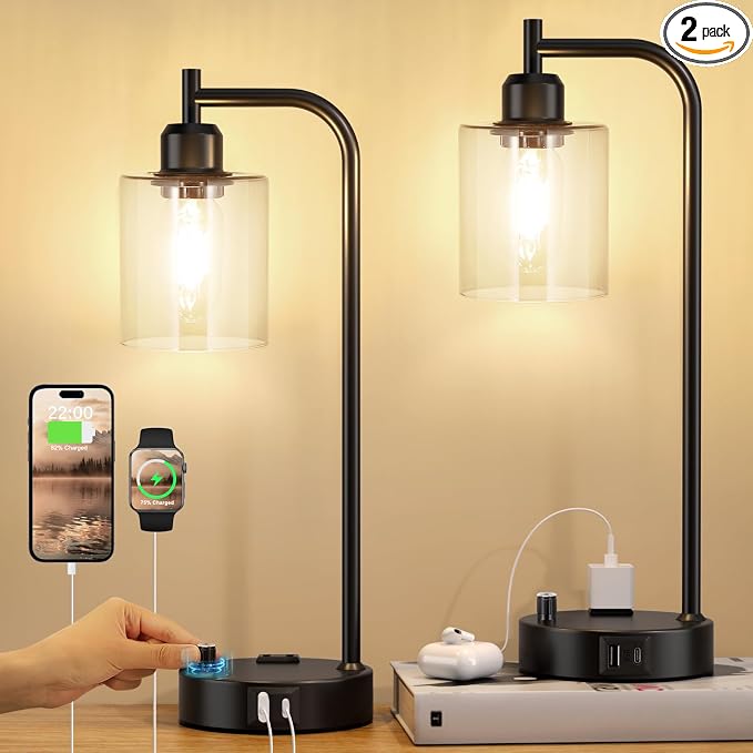 Industrial Nightstand Lamps for Bedrooms Set of 2 - Fully Dimmable Bedside Lamps with USB A C Ports and Outlet, Black Table Lamps with Clear Glass Shade for Living Room, Desk Lamps for Office Reading